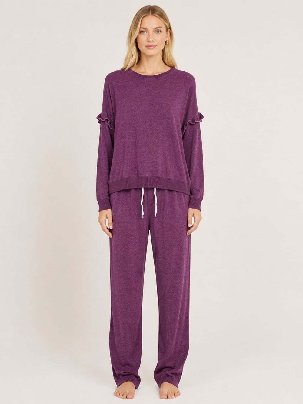 Monrow Supersoft Ruffle Sweatshirt Jogger Set Womens M/L Purple Long Sleeve